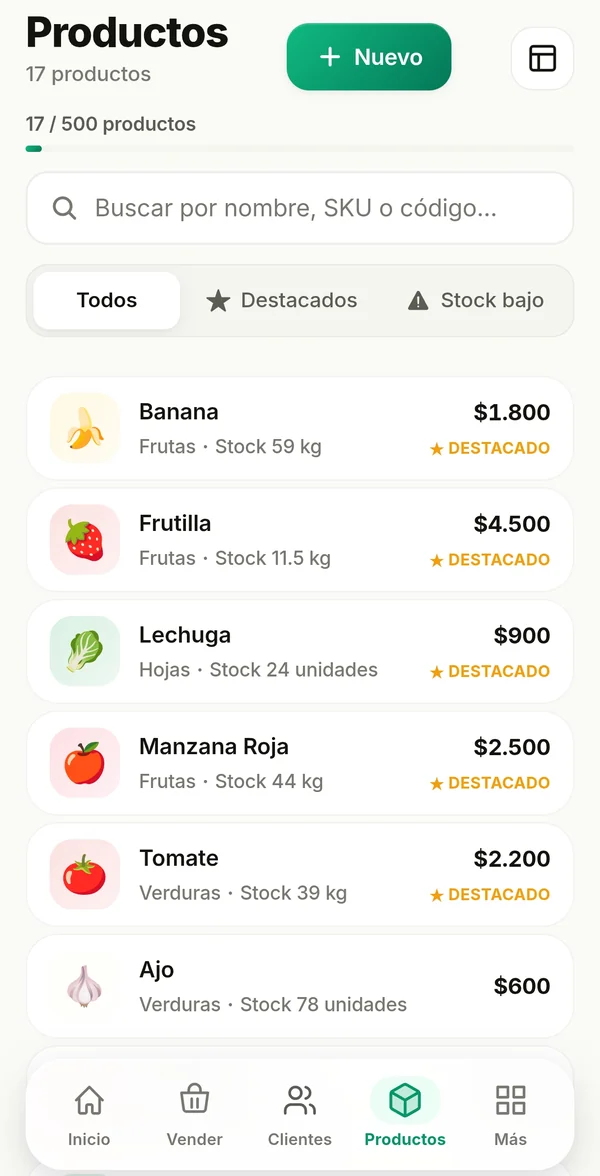 Pantalla de productos en Frutto mostrando precio y stock por kilo o unidad de cada verdura