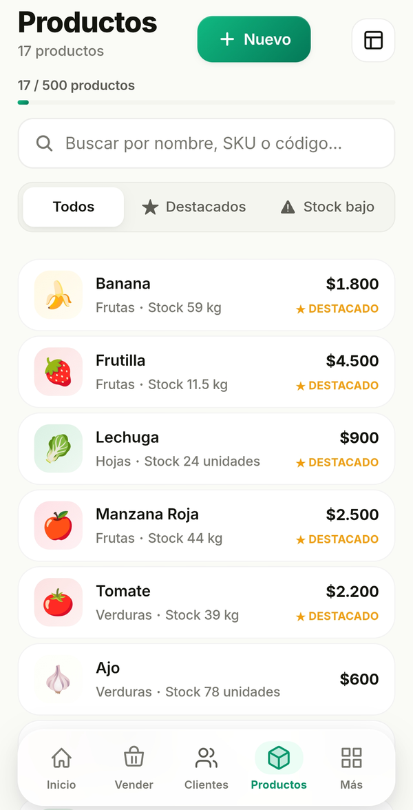 Pantalla de productos en Frutto mostrando precio y stock por kilo o unidad de cada verdura