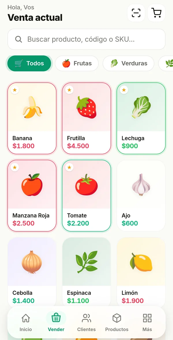 Pantalla de venta de Frutto con productos por kilo, unidad y bulto