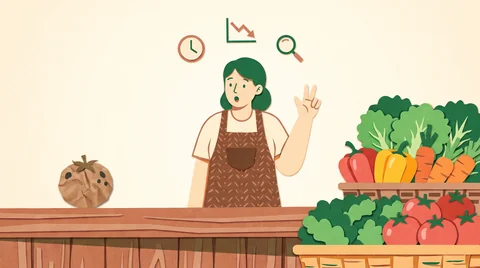 Verdulera con delantal marrón sorprendida al ver un tomate arrugado entre verduras frescas en el mostrador
