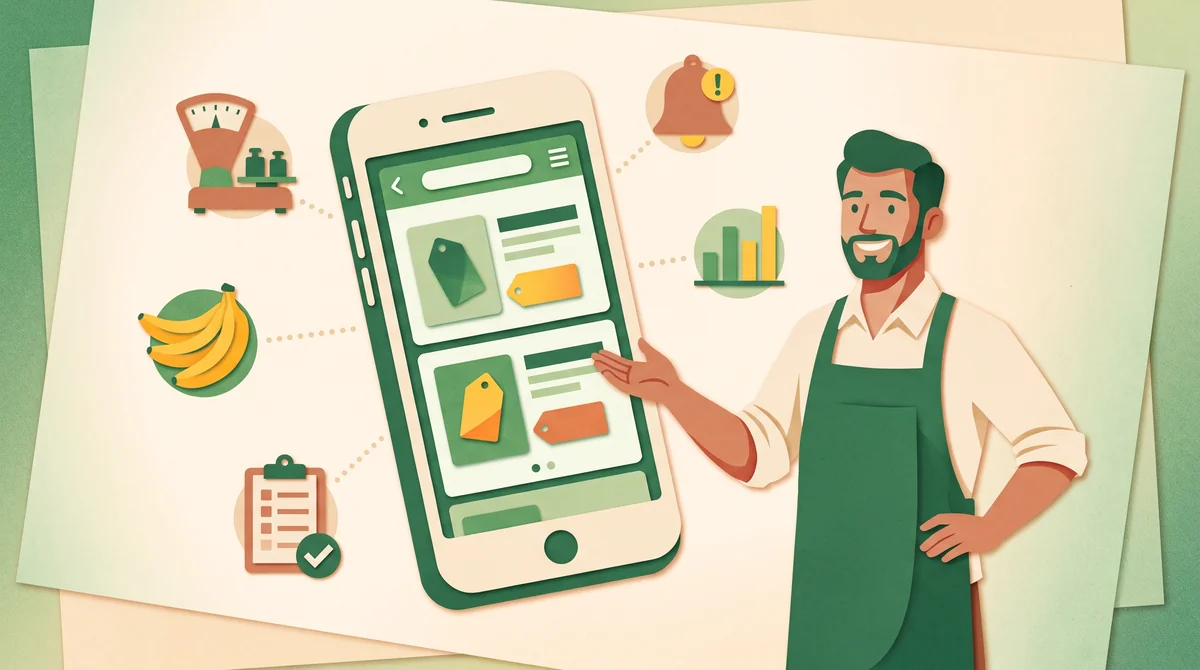 Celular Android con la app de Frutto en el centro, rodeado de balanza, productos, gráficos y lista de precios conectados