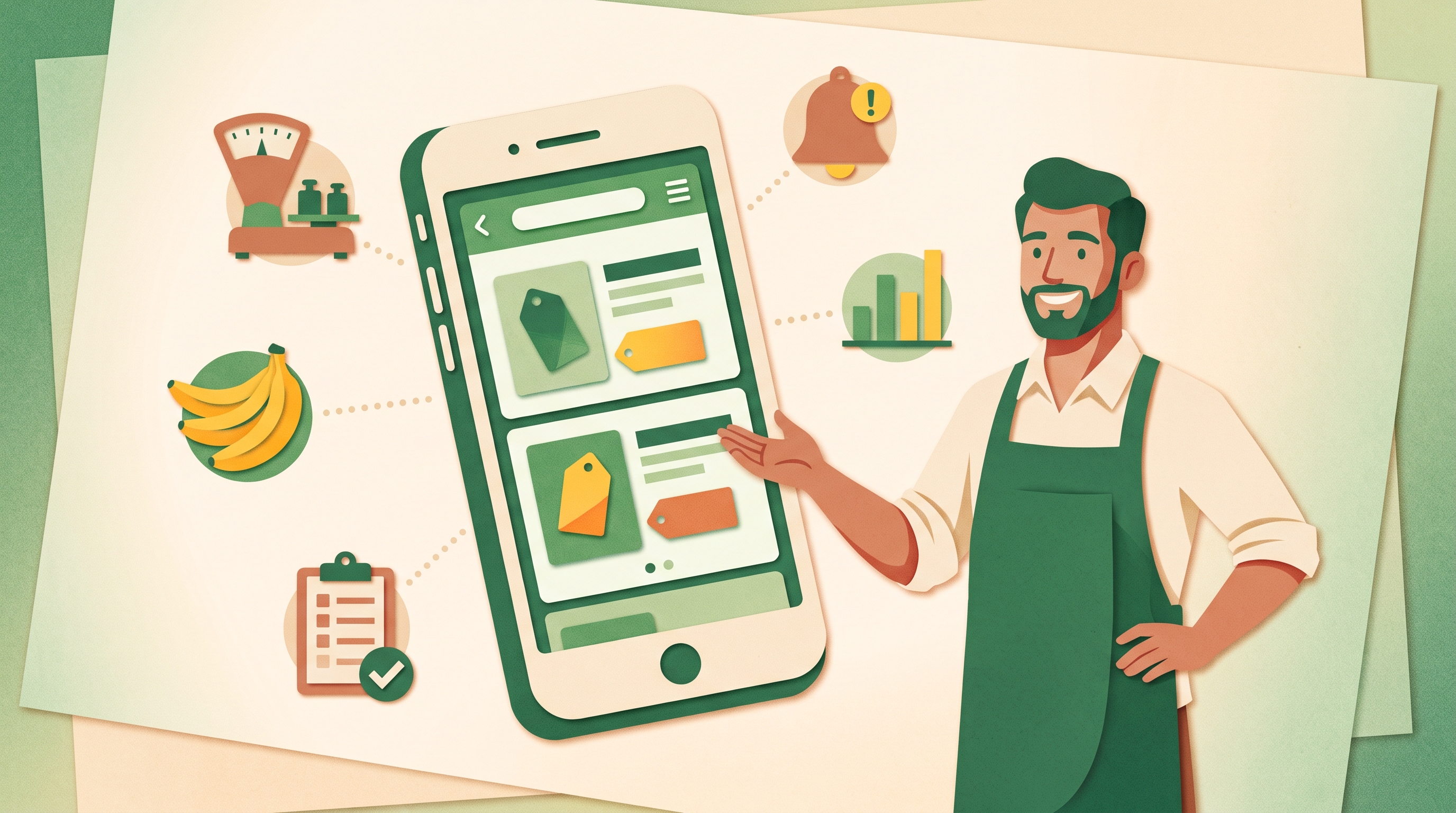 Celular Android con la app de Frutto en el centro, rodeado de balanza, productos, gráficos y lista de precios conectados