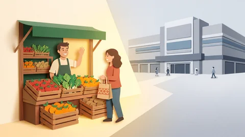 Comparación visual entre una verdulería de barrio cálida y un supermercado genérico frío y estéril