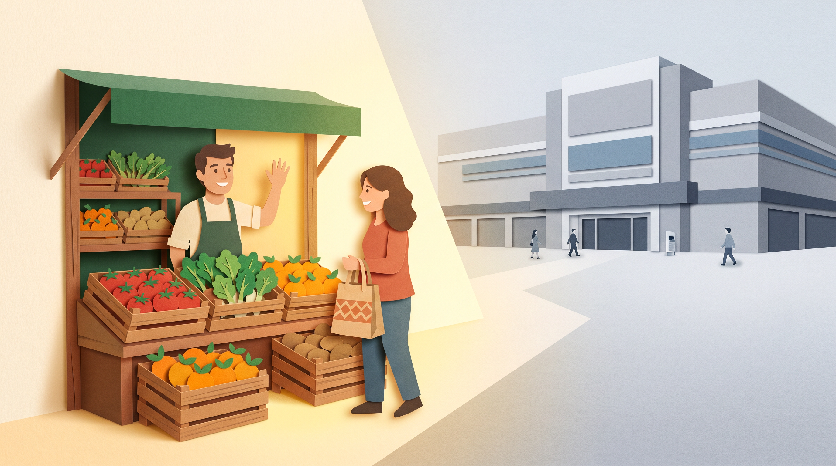 Comparación visual entre una verdulería de barrio cálida y un supermercado genérico frío y estéril