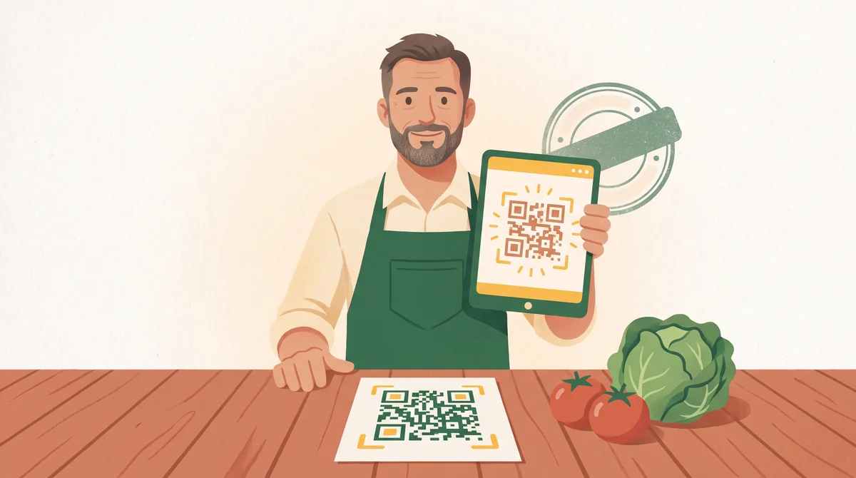 Verdulero sosteniendo una tablet con una factura electrónica y un código QR en la pantalla