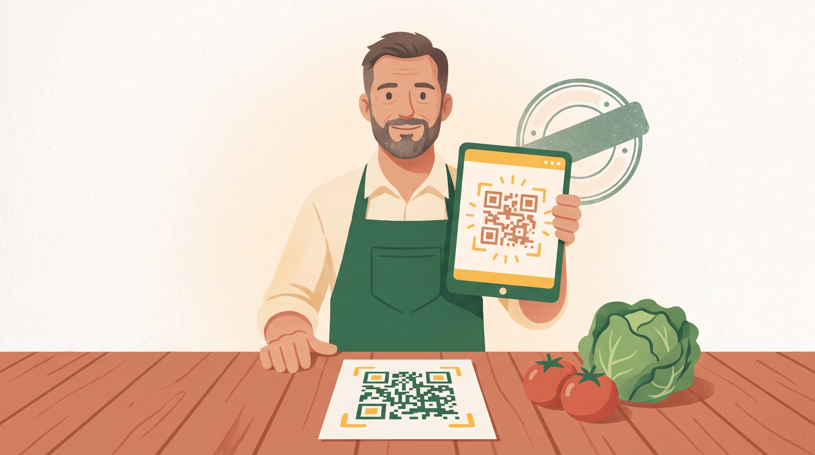 Verdulero sosteniendo una tablet con una factura electrónica y un código QR en la pantalla