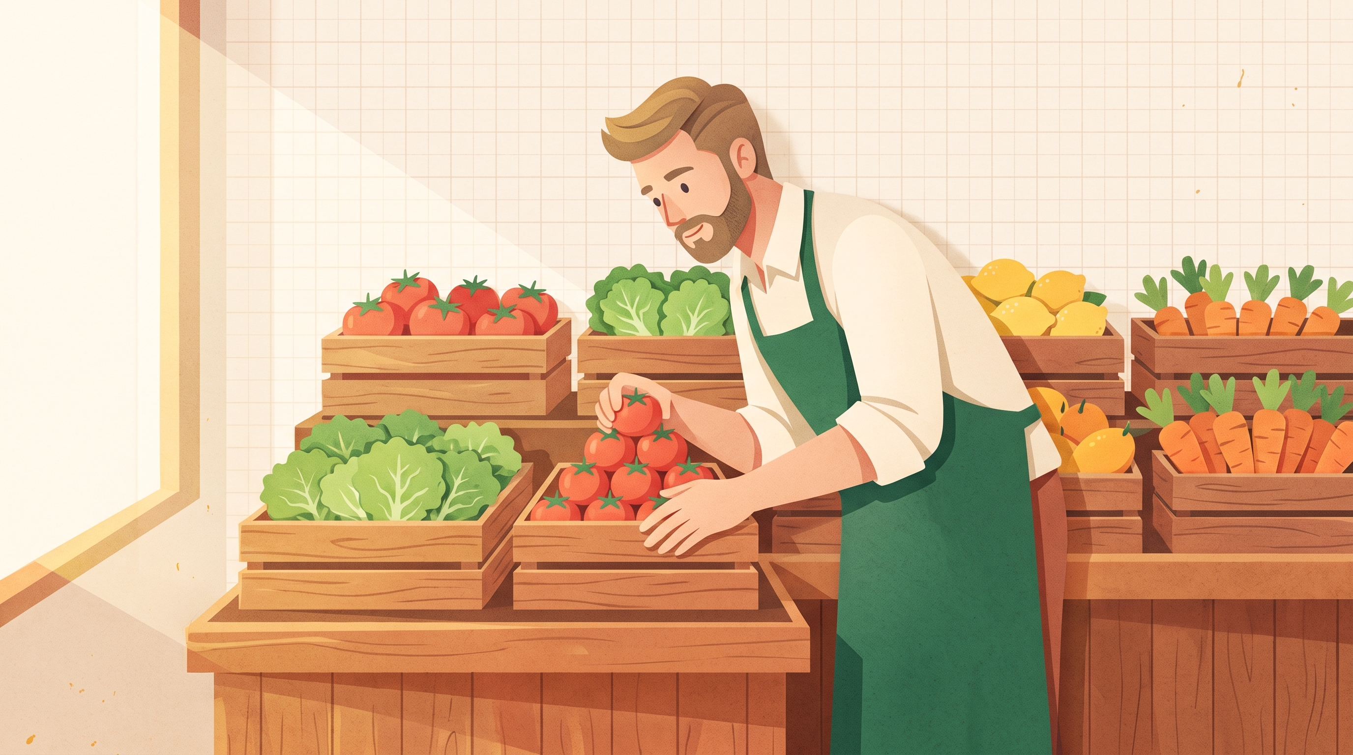 Verdulero armando un mostrador colorido con cajones de verduras y frutas, vista en perspectiva