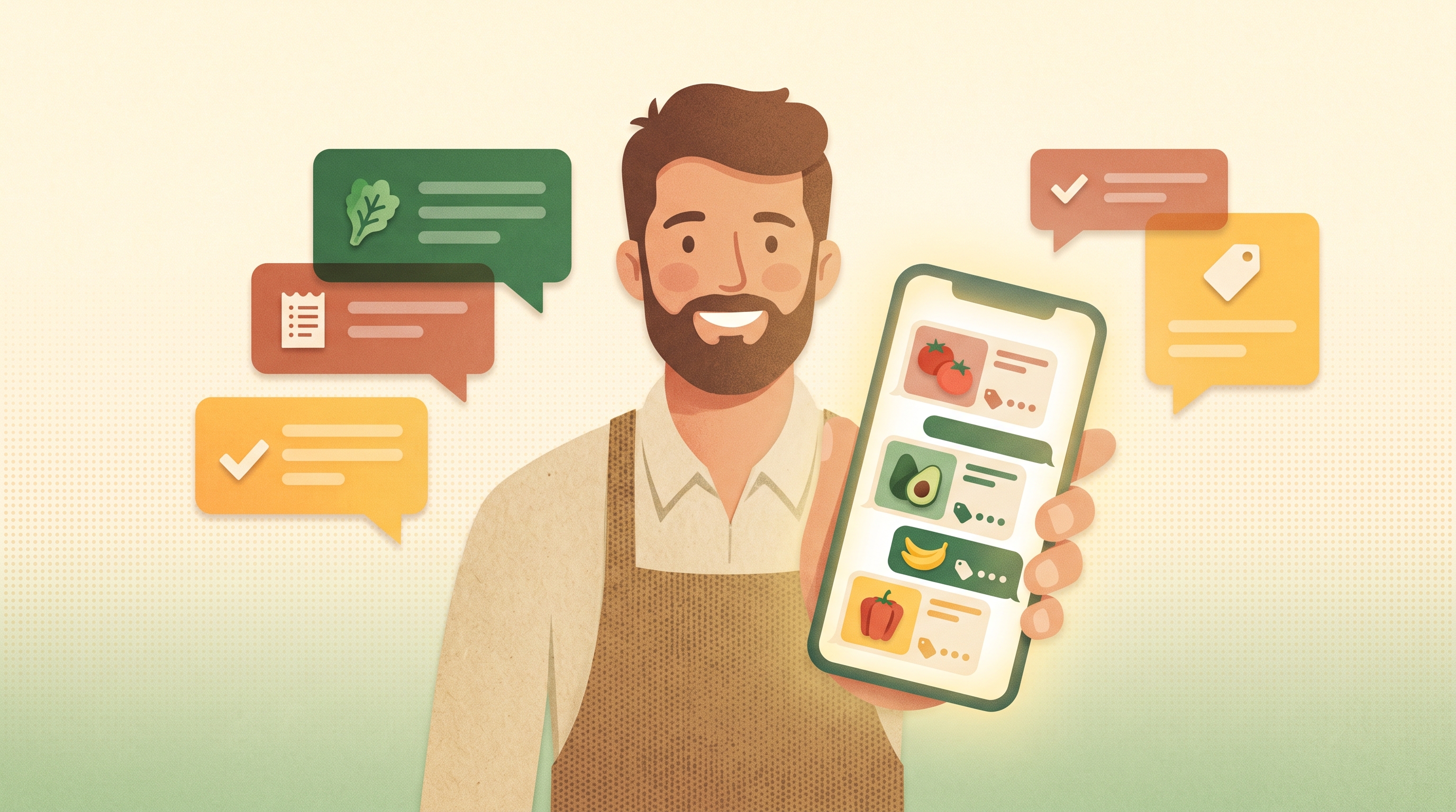 Verdulero mostrando en su celular la pantalla de WhatsApp Business con catálogo de productos