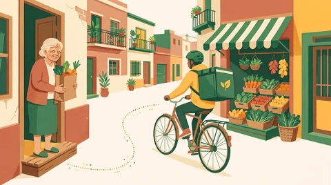 Cadete en bicicleta con bolsa isotérmica saliendo de una verdulería de barrio, cliente esperando en la puerta