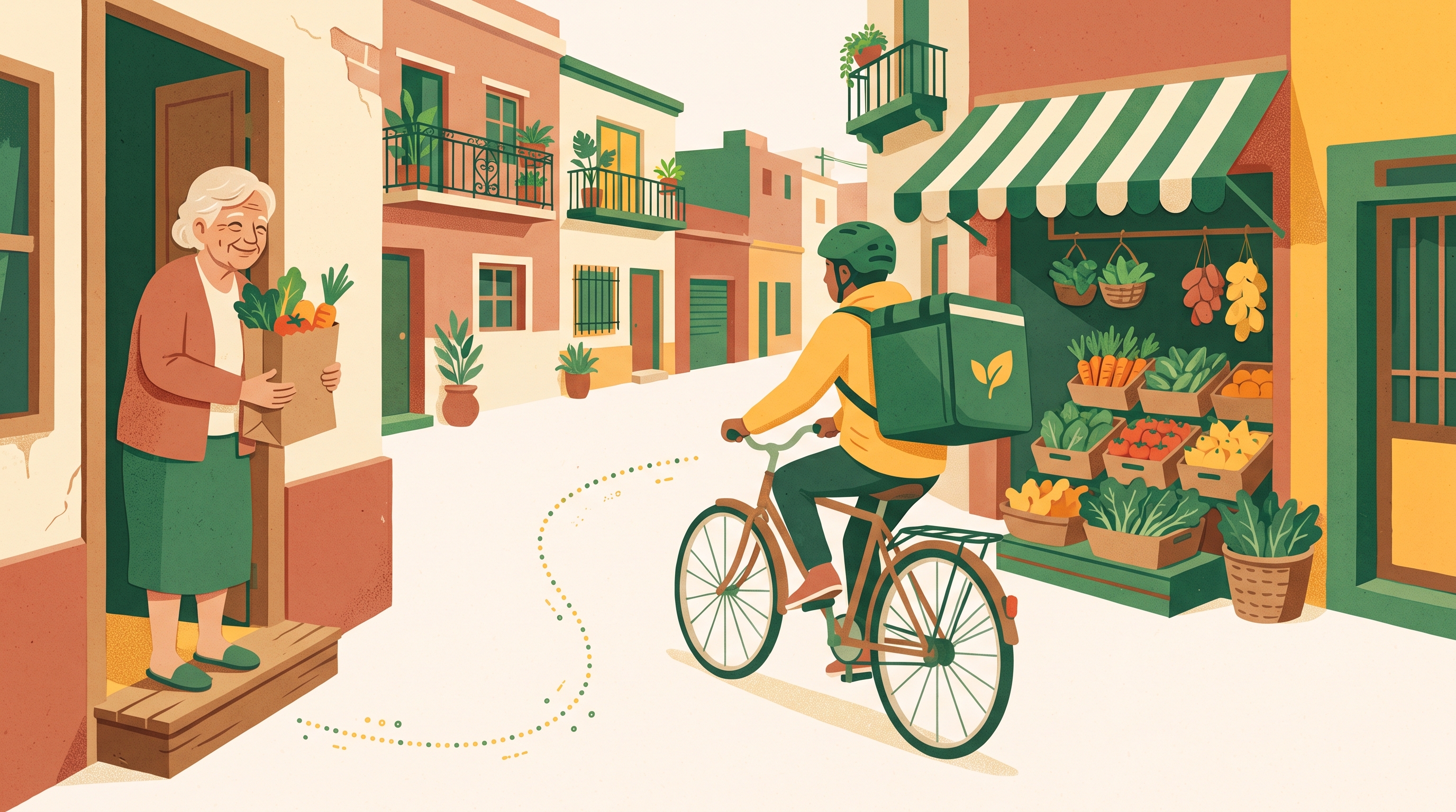 Cadete en bicicleta con bolsa isotérmica saliendo de una verdulería de barrio, cliente esperando en la puerta