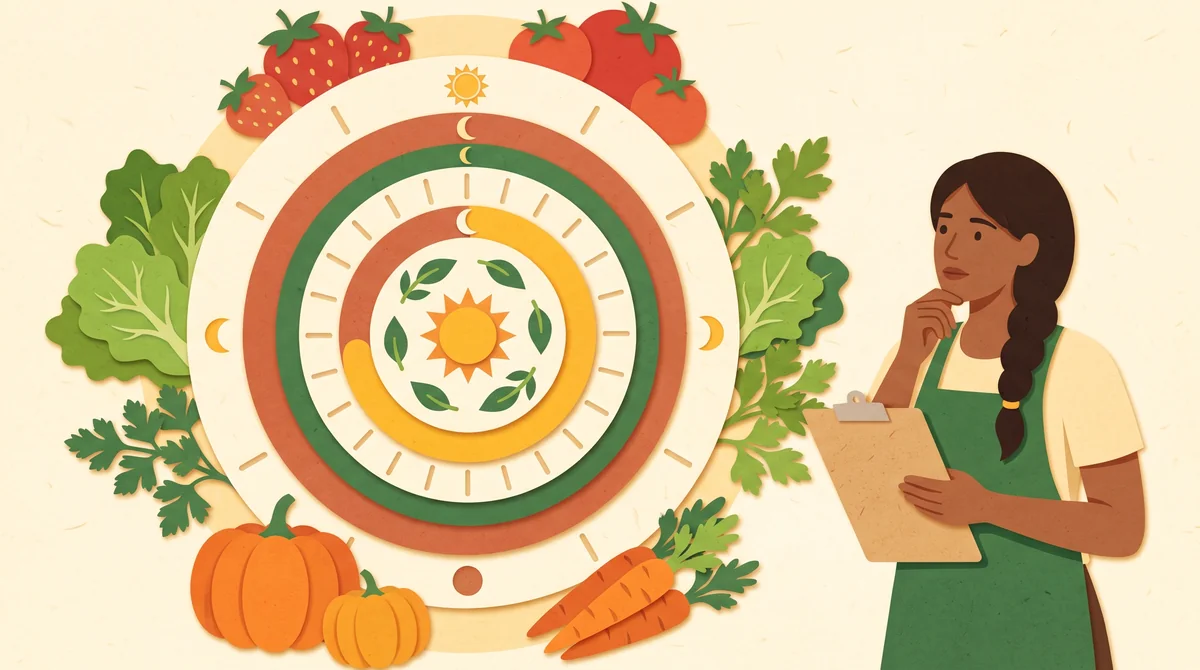 Calendario mensual con frutas y verduras de estación, hojas verdes, tomates y frutas de colores