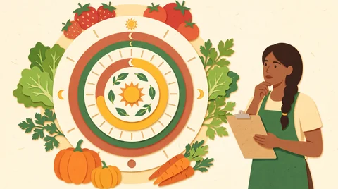 Calendario mensual con frutas y verduras de estación, hojas verdes, tomates y frutas de colores