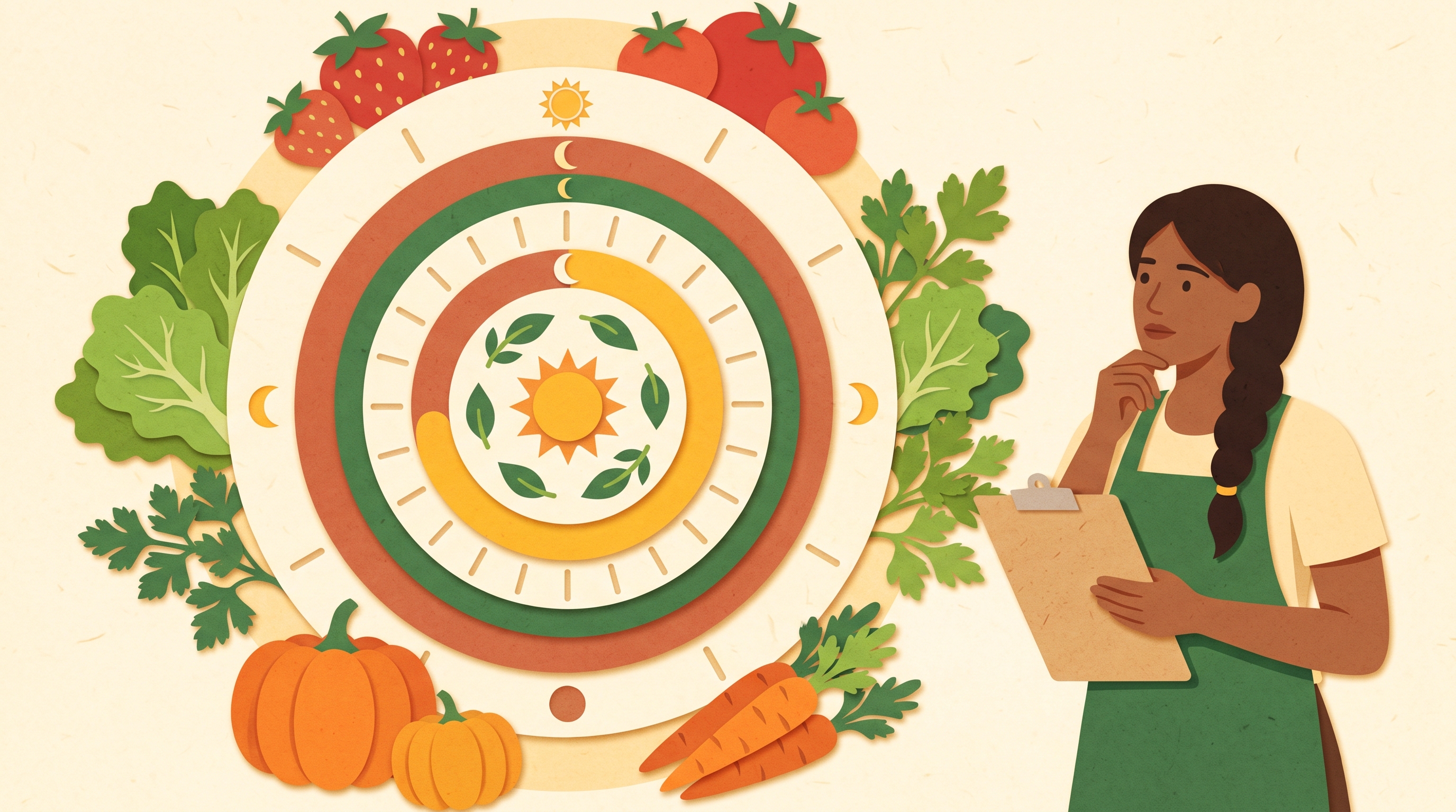 Calendario mensual con frutas y verduras de estación, hojas verdes, tomates y frutas de colores