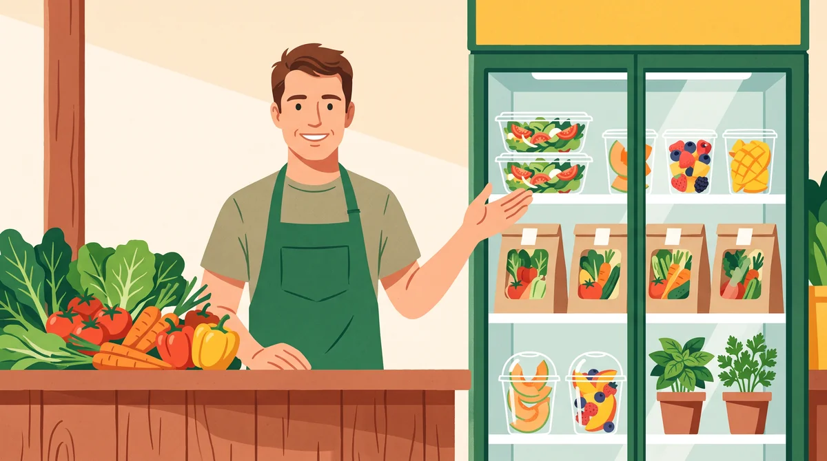 Verdulero mostrando bandejas con ensaladas listas, frutas cortadas y packs para horno en el mostrador