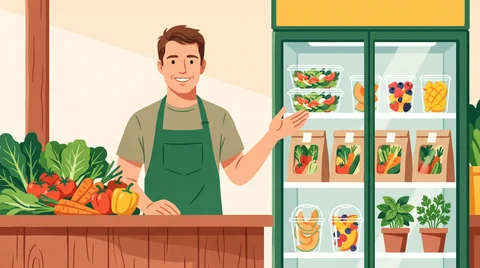 Verdulero mostrando bandejas con ensaladas listas, frutas cortadas y packs para horno en el mostrador