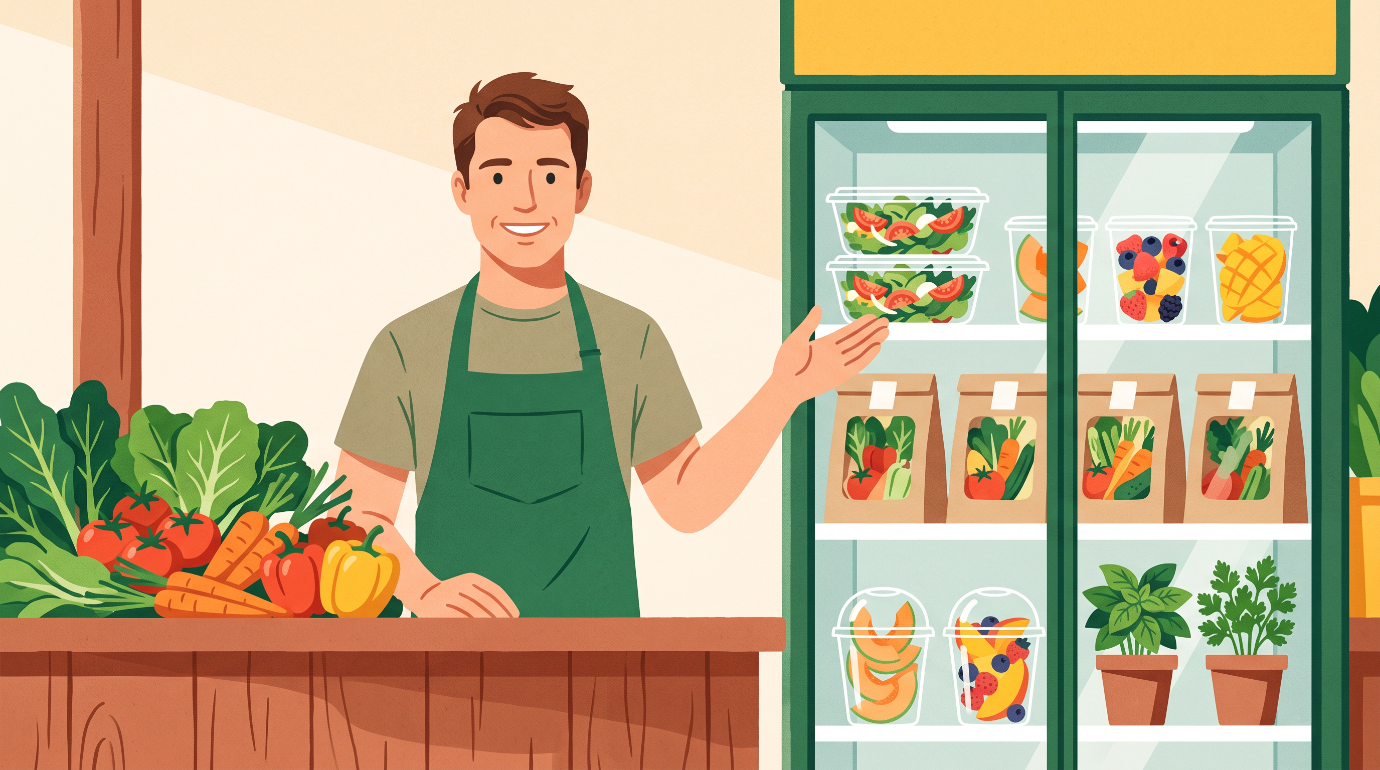 Verdulero mostrando bandejas con ensaladas listas, frutas cortadas y packs para horno en el mostrador